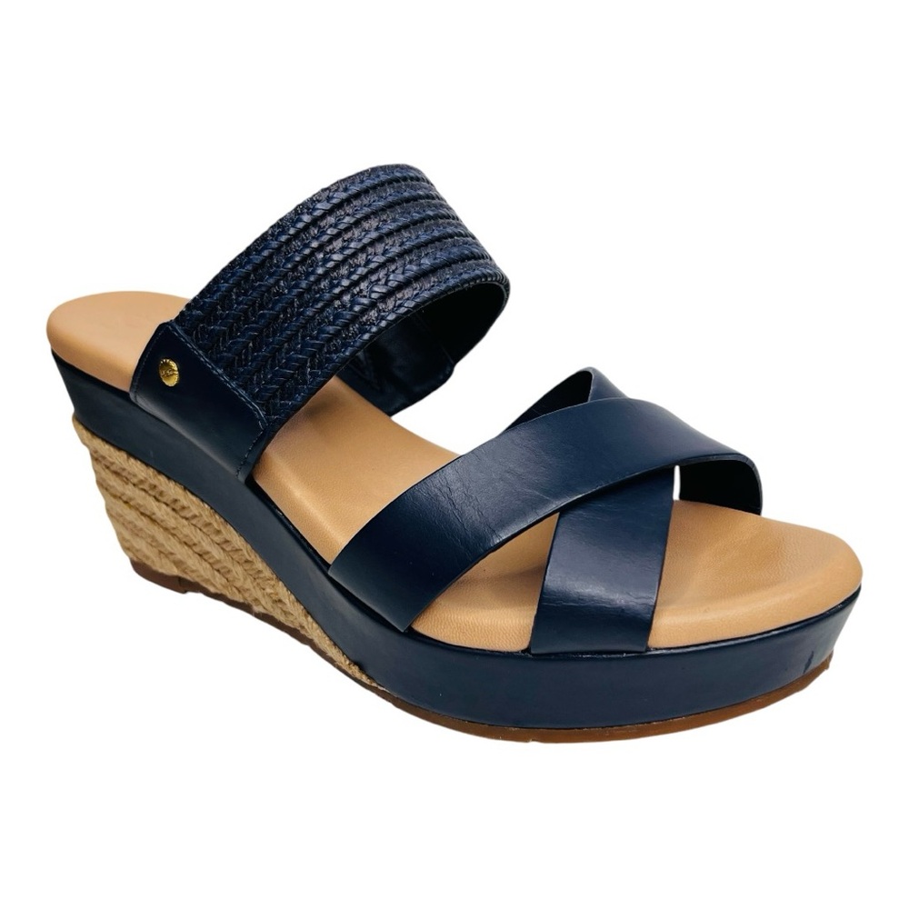 UGG Adriana Marino Blue Leather Braided Jute Slip On Wedge Heels Sandals…